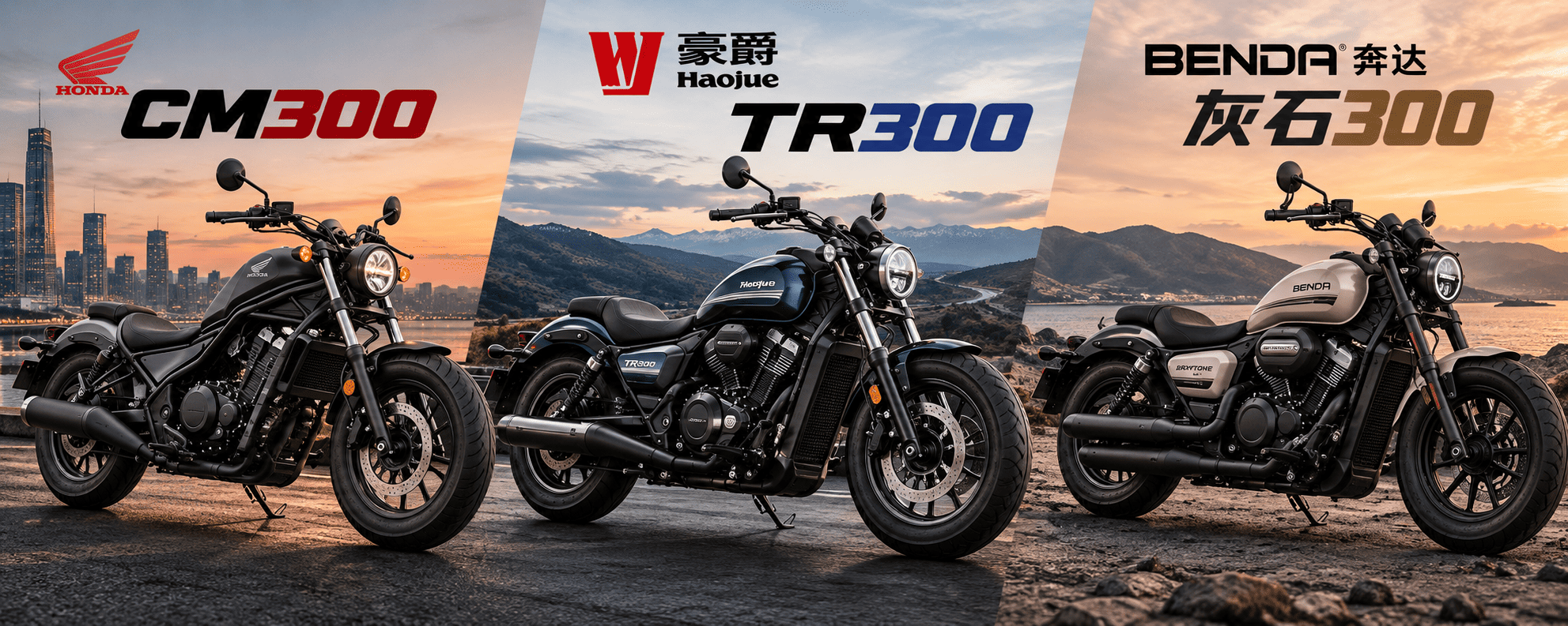 300cc 热门巡航新手选购指南:本田 CM300、豪爵 TR300、奔达灰石 300 全方位对比